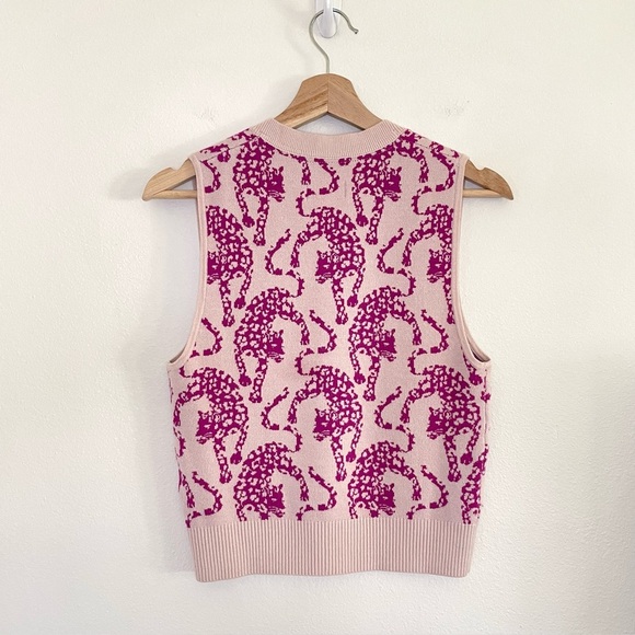 Anthropologie Maeve Jacquard Sweater Vest V Neck Pink Jaguar Cat Print XS - Picture 7 of 15